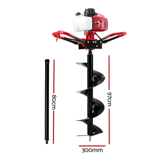 Giantz 80CC Post Hole Digger 300mm Petrol Drill Extension Auger Bits